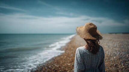 Woman in Straw Hat Standing on Pebble Shoreline and Looking at the Ocean Under a Cloudy Sky, Peaceful and Reflective Mood