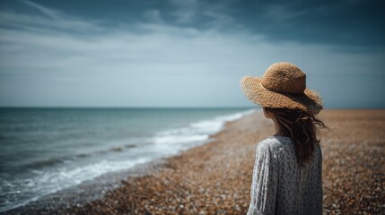 Woman in Straw Hat Looking Out at the Ocean From a Pebble Beach Under a Cloudy Sky, Peaceful and Reflective Coastal Scene
