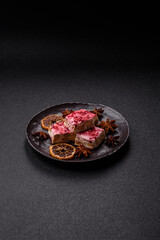 Nougat or white caramel with hazelnuts and strawberry pieces. White nougat