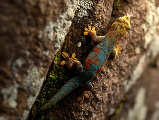 Vibrant gecko clinging to textured rock, showcasing stunning colors and intricate patterns