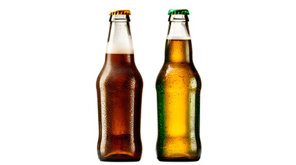 Two beer bottles, cold refreshing drink beverage alcohol isolated on a black background