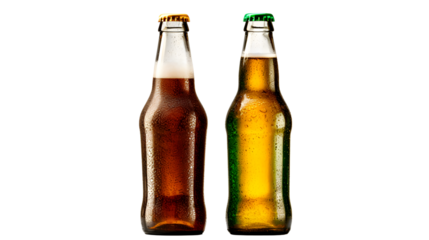 Two beer bottles, cold refreshing drink beverage alcohol isolated on a black background