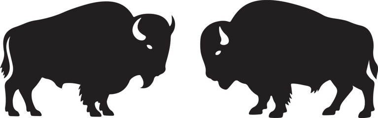Set of Bison Buffalo Silhouette Vector Illustrations.  Black Bison Buffalo icon bundle
