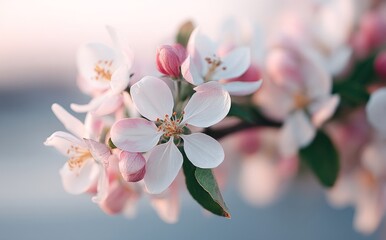 Obraz premium With its white flowers in bloom, the orchard creates a tranquil scene under the warm, vibrant tones of a pink and orange sunset, where rows of trees stretch out into the distance, forming a peaceful