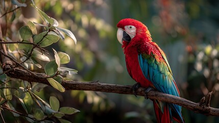 Stunning red and blue macaw perched on a branch, showcasing vibrant colors and tropical beauty