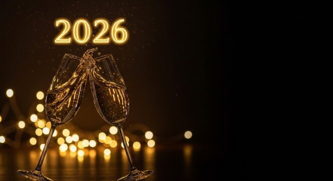 Festive New Year 2026 Celebration with Champagne Glasses Clinking and Glowing Lights, Dark Background. - Powered by Adobe