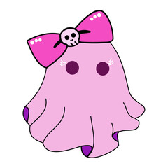 Cute Halloween ghost with big black eyes, wearing a pink bow adorned with a tiny skull and delicate lashes. Ideal for kids’ Halloween party invites, stickers, greeting cards, decorations, and festive 
