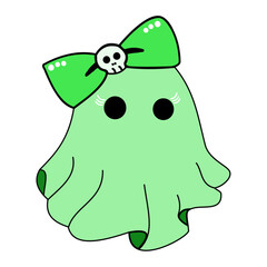 Cute Halloween ghost in soft mint green with big black eyes, wearing a bright green bow adorned with a tiny skull and delicate lashes. Perfect for playful kids’ Halloween designs and crafts.