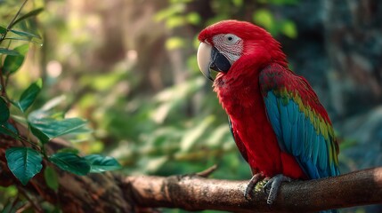 Stunning red macaw perched on branch in lush rainforest, perfect for travel and nature themes