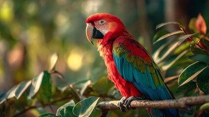 Stunning Scarlet Macaw perched on a branch, vibrant colors in natural tropical habitat