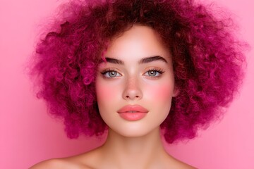 Fototapeta premium Fashion portrait of young woman with vibrant pink afro hairstyle, Pink background, Studio beauty headshot, Trendy style, Bold color, Copy space for text