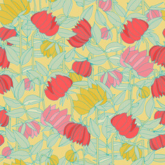 Seamless pattern with hand drawn meadow bold flowers. Colorful illustrations on blue background for surface design and other design projects