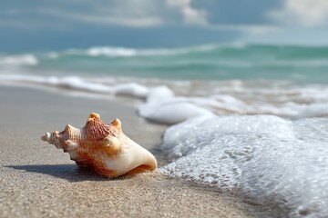 Beautiful seashell on sandy beach with foamy ocean waves under a cloudy summer sky