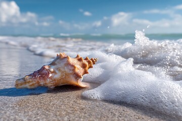 Stunning seashell on sandy beach, waves crashing with foamy water, ocean vacation concept