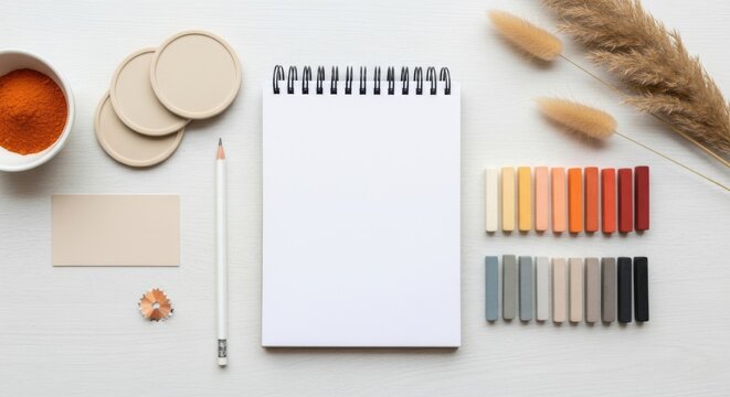A blank white spiral notebook is surrounded by art supplies including pastels, a pencil, and a bowl of orange spice - Powered by Adobe
