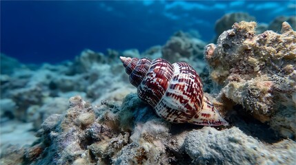 Beautiful underwater seashell on coral reef, a stunning scene of marine life and ocean beauty