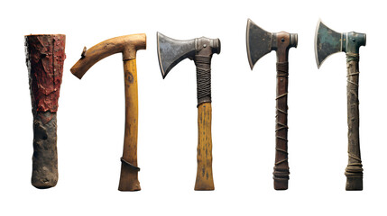 Collection of medieval axes and tomahawks for fantasy game assets design on transparent background