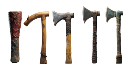 Collection of medieval axes and tomahawks for fantasy game assets design on transparent background
