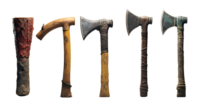 Collection of medieval axes and tomahawks for fantasy game assets design on transparent background