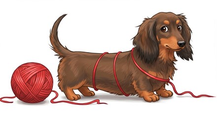 A charming and funny illustration of a long haired Dachshund puppy playfully tangled in a ball of bright red yarn