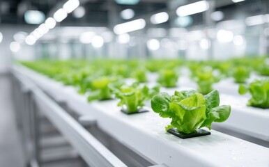An indoor vertical farm features rows of vibrant green lettuce cultivated hydroponically under artificial lights in a controlled environment, exemplifying efficient and sustainable agricultural