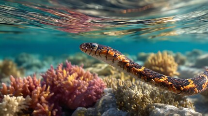 Stunning underwater snake glides through coral reef, showcasing vibrant ocean life, perfect for travel
