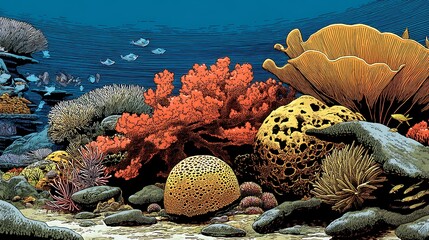 Underwater coral reef illustration depicting vibrant marine life and diverse ecosystem beauty
