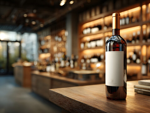 Elegant wine bottle with blank white label on wooden counter in upscale wine shop, golden cap and shelf display, ideal for branding, product mockup, and retail advertisement
