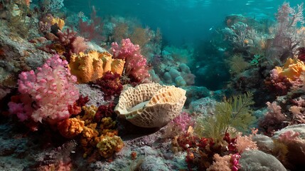 Vibrant coral reef ecosystem teeming with marine life under the ocean's surface provides stunning detail