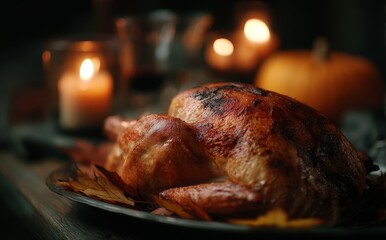 A festive autumn dinner table adorned with roasted turkey, pumpkins, candles, and fall leaves creates a warm and inviting ambiance perfect for Thanksgiving