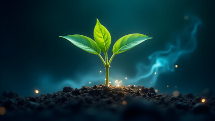 Dramatic, low-angle shot of a vibrant young plant sprout