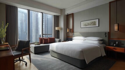 Modern hotel room with city view.