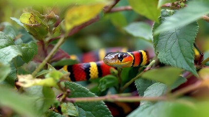 Striking coral snake peering through lush green foliage, vibrant colors and natural beauty