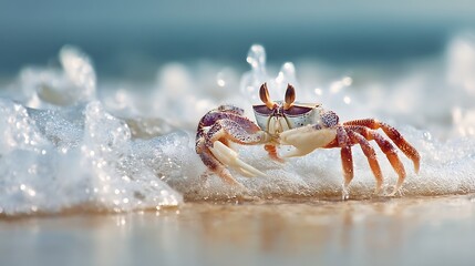 Close up of a crab on the beach with foamy ocean waves, perfect for summer vibes
