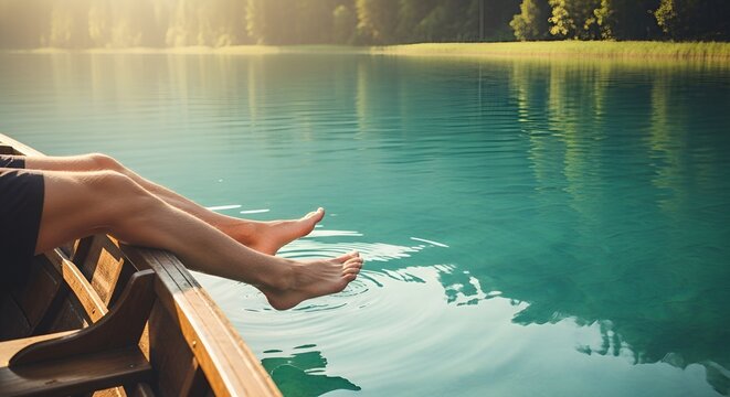 Young man relaxes in a blue swimming pool on a summer holiday, enjoying the sun and water