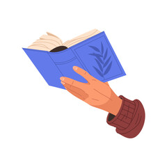 Hand holding paper book. Vector palm with hardcover opened literature. Element for reader information and content text, lesson or manual. Education and learning, reading. Symbol for college journal.