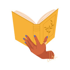 Woman hand hold book or literature. Vector reader palm with educational text or information content in hardcover. Fiction and non-fiction element for college or university. Teaching and education page