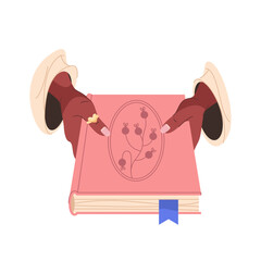 Reader giving book. Vector woman hands holding hardcover literature. Cartoon symbol for information or education content. Sign for diary, college or university journal. Palm with paperback. Education.
