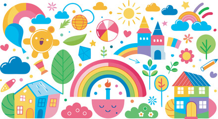 Colorful cartoon elements with houses rainbows and sun