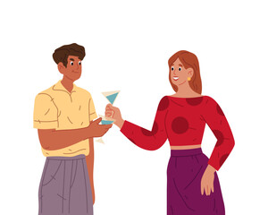 Man and woman make toast at party. Vector couple at celebration with alcohol beverage. Pair with glasses do clink or cheers. People at nightlife event. Cocktail or mocktail gathering among friends.