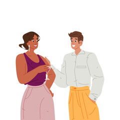 Pair at cocktail party. Vector couple enjoy drink at festive. Evening celebration, social alcohol gathering. Nightlife event with beverage with romantic communication or flirt. Conversation or date.