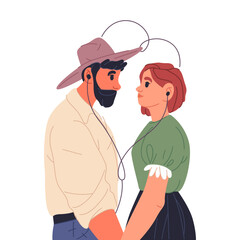 Couple hold hands with earphones make heart. Vector headphones love symbol above pair. Man and woman listen music or romantic audio, sound. Romantic relationship and valentine day sign. Affection.
