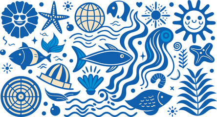 Naklejka premium Blue and beige ocean life and sun motifs marine fish