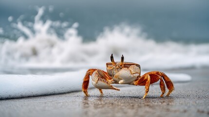 Stunning close-up of a vibrant crab on the beach with ocean waves creating a dynamic scene