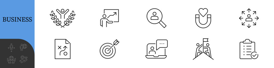 Business Line editable icons set. Vector illustration in modern thin line style of business related icons: integrity, growth, goal, trust, passion, white salary, social package and more