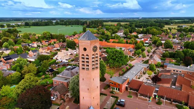 Tall brick clock tower of Saint Lawrence Church. Picturesque scenery of Vierlingsbeek, Netherlands with lush grenery at backdrop.