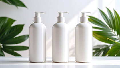 White pump bottles with green leaves.