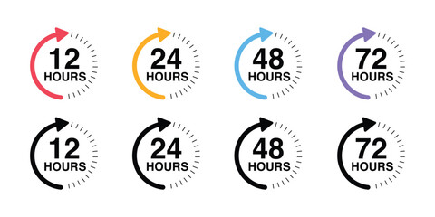 12, 24, 48 and 72 hours icon. 24 Hours Open vector icon. Security Protection 24 hours. Hour icon set Fast delivery, timer with circle arrow
