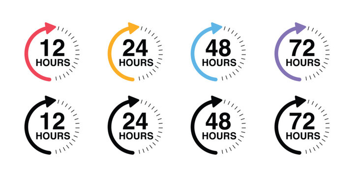 12, 24, 48 and 72 hours icon. 24 Hours Open vector icon. Security Protection 24 hours. Hour icon set Fast delivery, timer with circle arrow