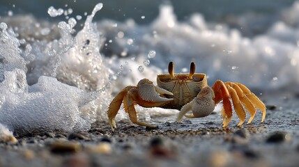 Stunning crab on sandy beach with ocean waves crashing, perfect for vacation and travel concepts